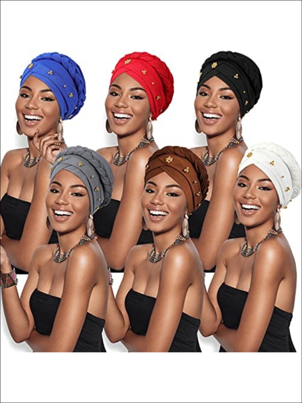 Women African Turban Head Wraps with Beads - 6 Pack Twisted Braid Beanie Caps -